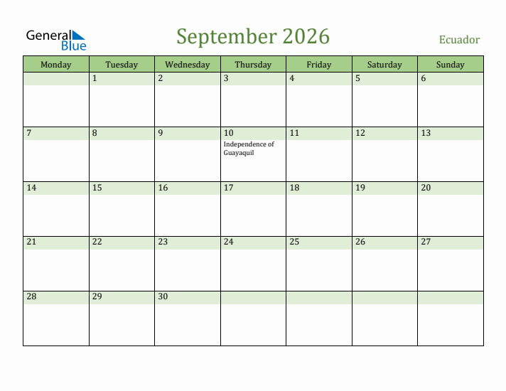 September 2026 Calendar with Ecuador Holidays