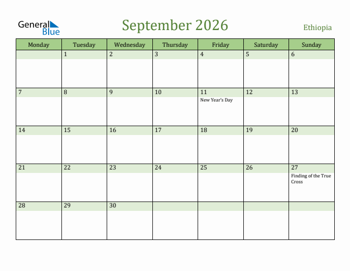 September 2026 Calendar with Ethiopia Holidays