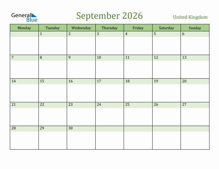 September 2026 Calendar with United Kingdom Holidays