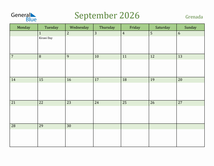 September 2026 Calendar with Grenada Holidays