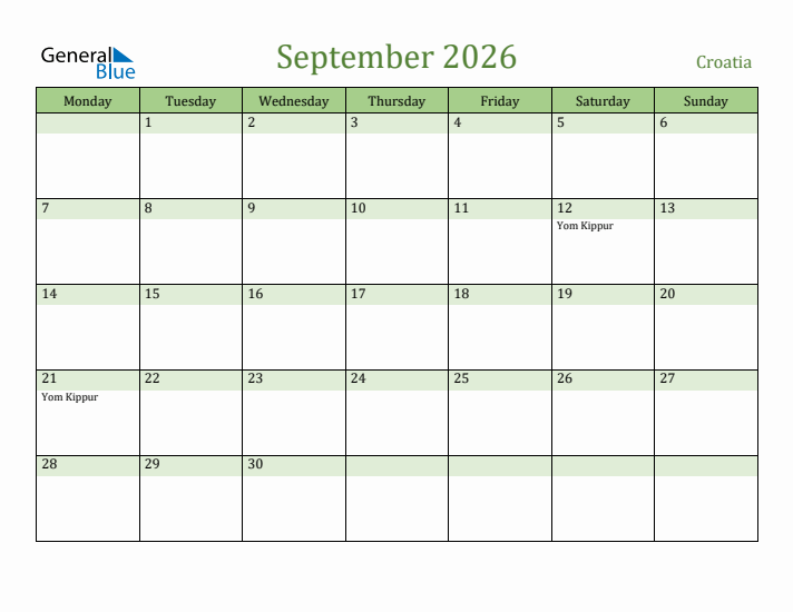September 2026 Calendar with Croatia Holidays