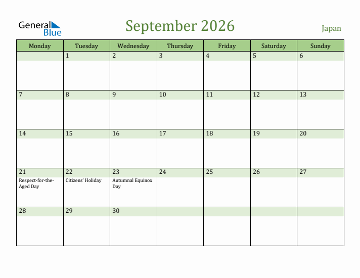 September 2026 Calendar with Japan Holidays