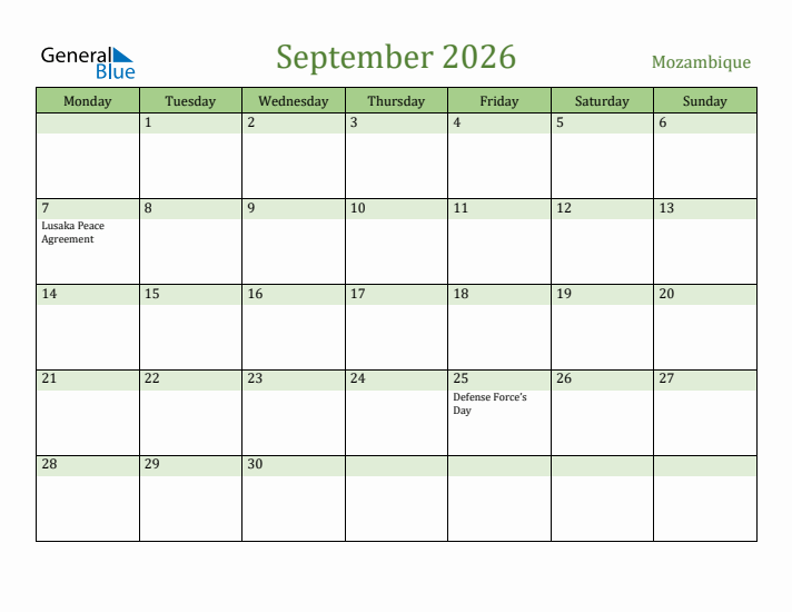 September 2026 Calendar with Mozambique Holidays