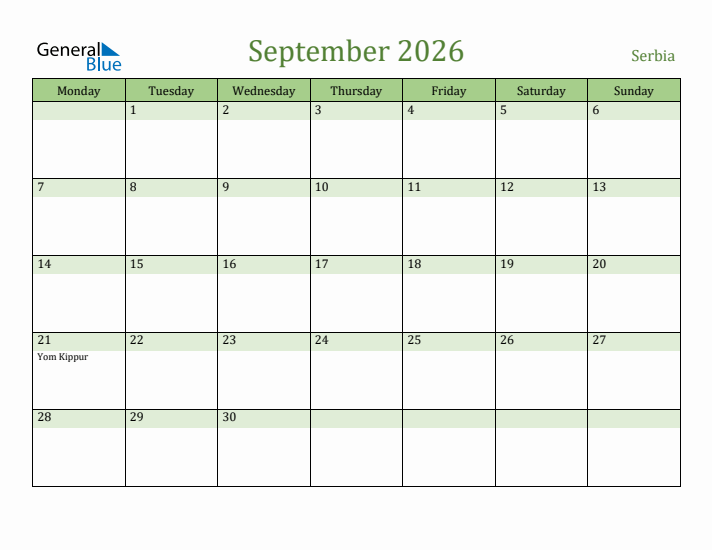 September 2026 Calendar with Serbia Holidays