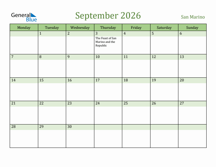 September 2026 Calendar with San Marino Holidays