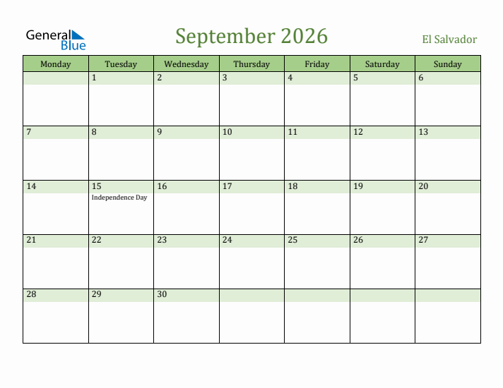 September 2026 Calendar with El Salvador Holidays