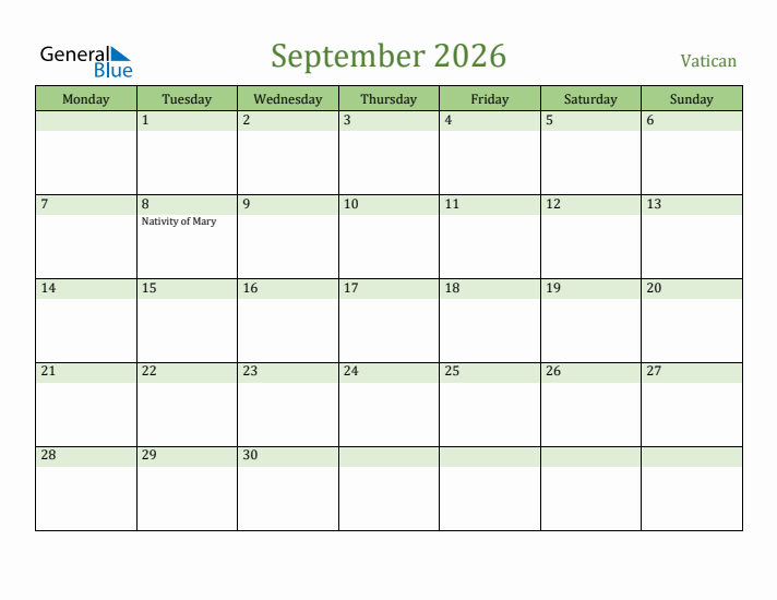 September 2026 Calendar with Vatican Holidays