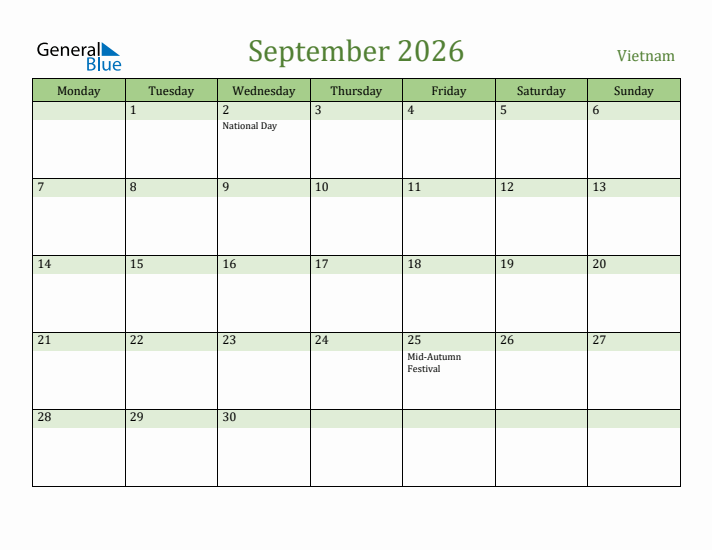 September 2026 Calendar with Vietnam Holidays