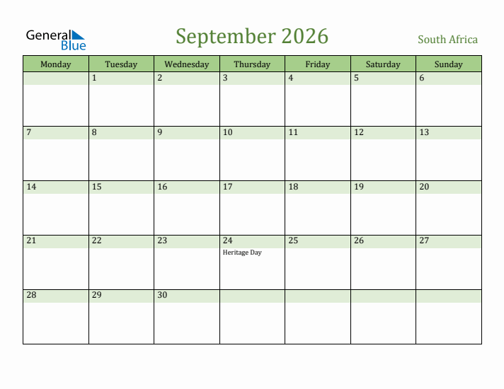 September 2026 Calendar with South Africa Holidays
