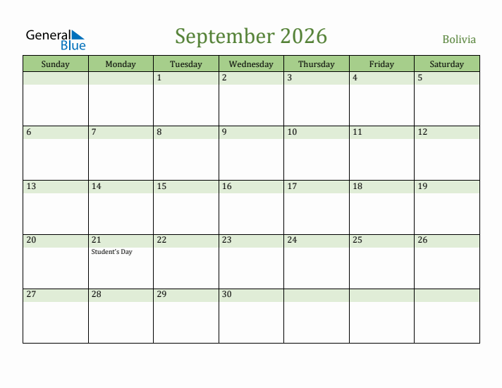 September 2026 Calendar with Bolivia Holidays