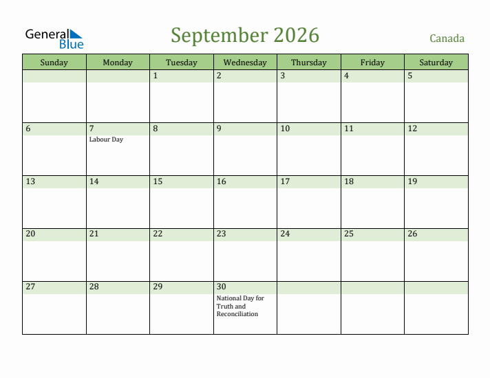 September 2026 Calendar with Canada Holidays
