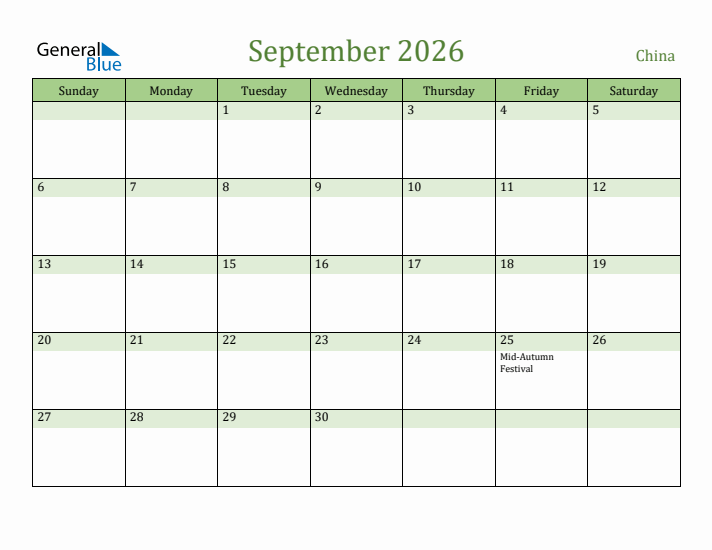 September 2026 Calendar with China Holidays