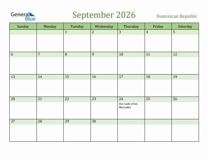 September 2026 Calendar with Dominican Republic Holidays