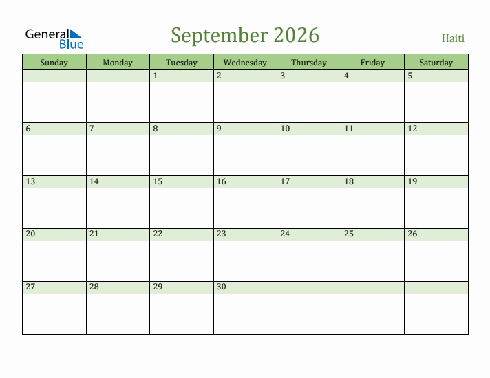 September 2026 Calendar with Haiti Holidays