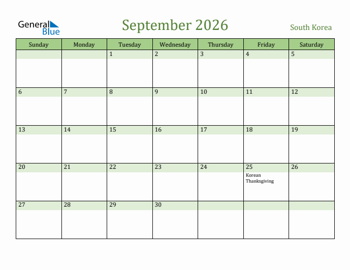 September 2026 Calendar with South Korea Holidays
