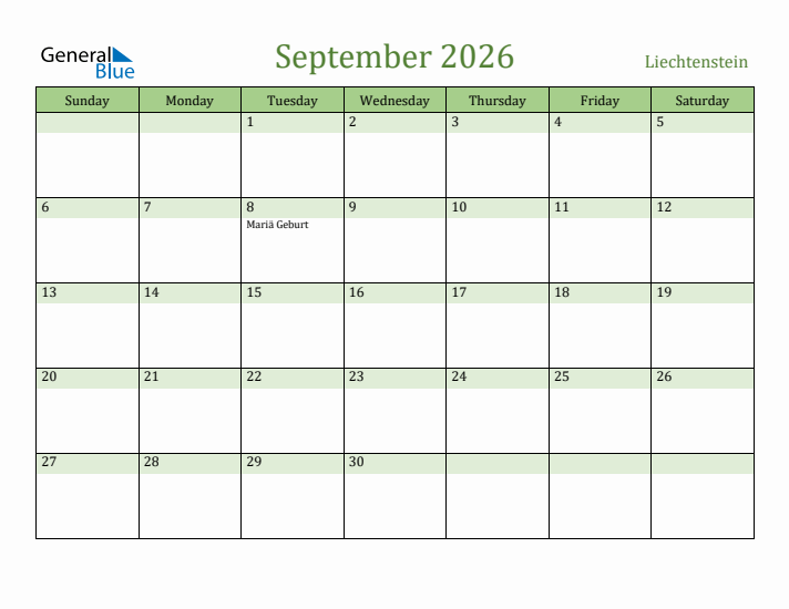 September 2026 Calendar with Liechtenstein Holidays