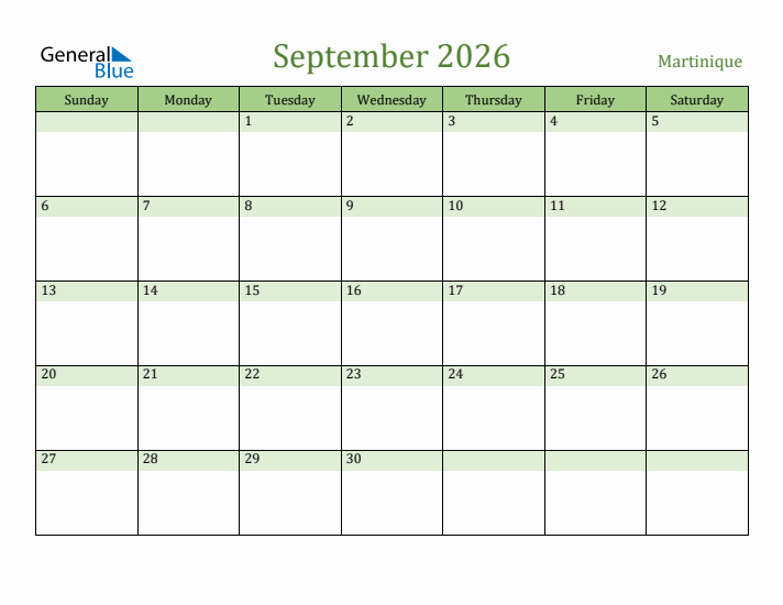 September 2026 Calendar with Martinique Holidays