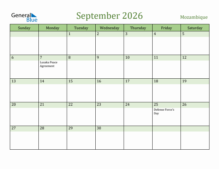 September 2026 Calendar with Mozambique Holidays