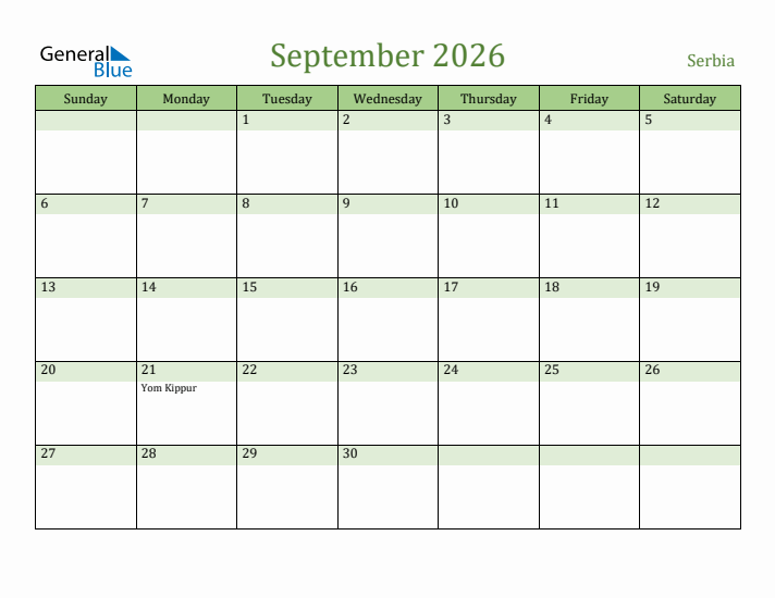 September 2026 Calendar with Serbia Holidays