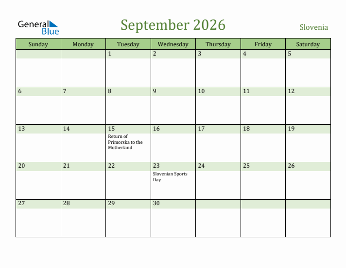 September 2026 Calendar with Slovenia Holidays