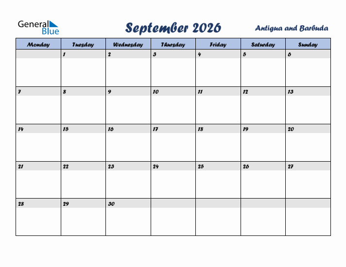 September 2026 Calendar with Holidays in Antigua and Barbuda