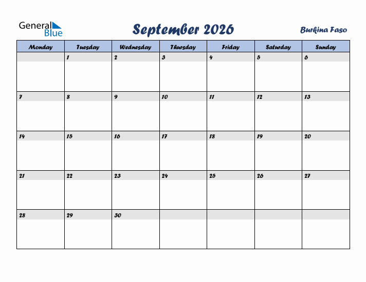 September 2026 Calendar with Holidays in Burkina Faso