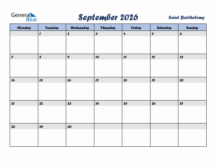 September 2026 Calendar with Holidays in Saint Barthelemy