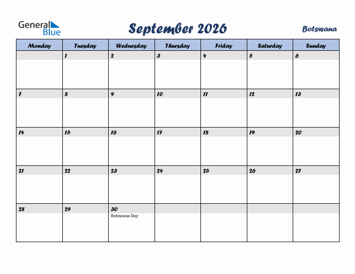 September 2026 Calendar with Holidays in Botswana