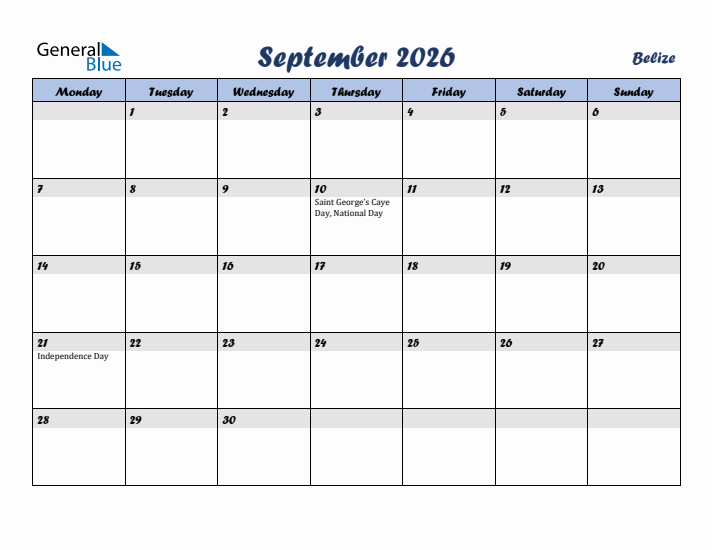 September 2026 Calendar with Holidays in Belize
