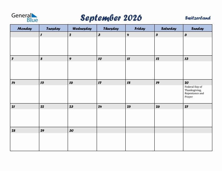 September 2026 Calendar with Holidays in Switzerland