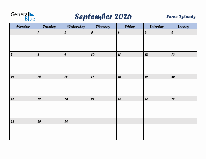 September 2026 Calendar with Holidays in Faroe Islands