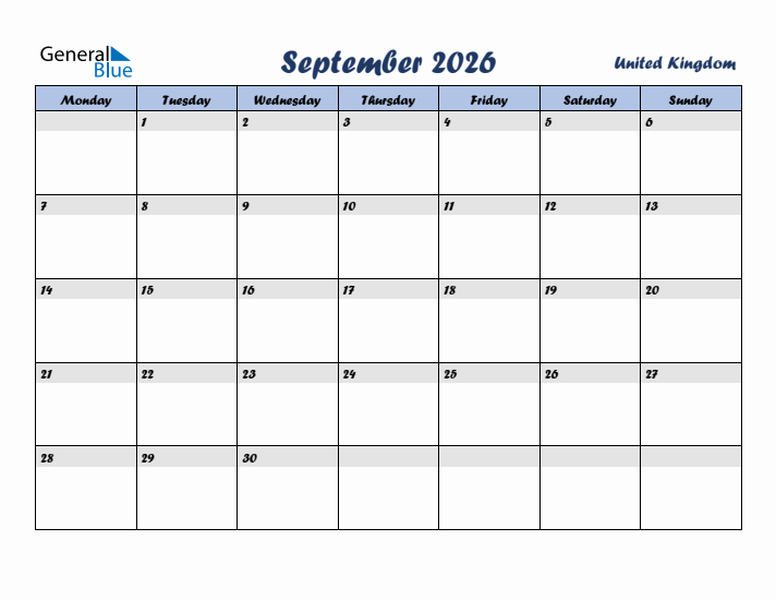September 2026 Calendar with Holidays in United Kingdom