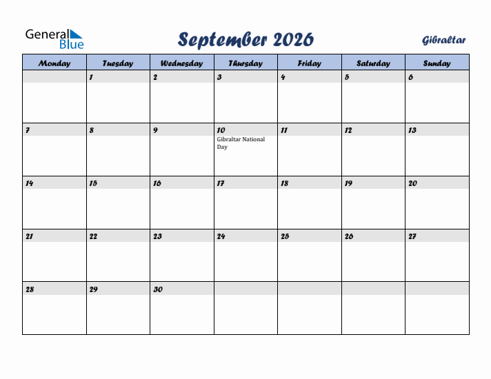 September 2026 Calendar with Holidays in Gibraltar