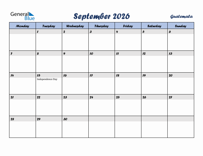 September 2026 Calendar with Holidays in Guatemala