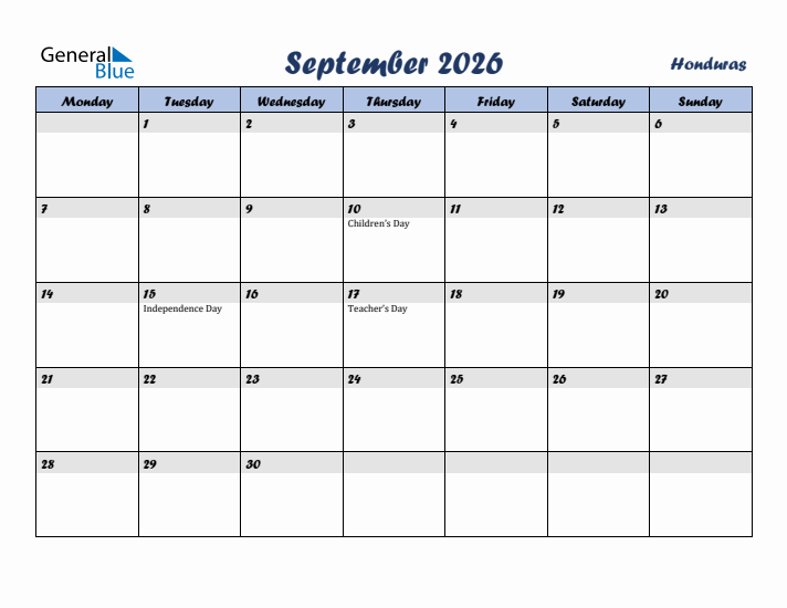 September 2026 Calendar with Holidays in Honduras