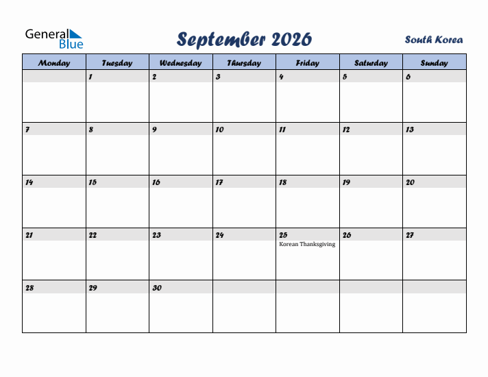 September 2026 Calendar with Holidays in South Korea