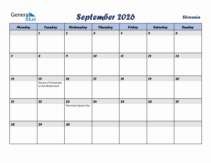 September 2026 Calendar with Holidays in Slovenia