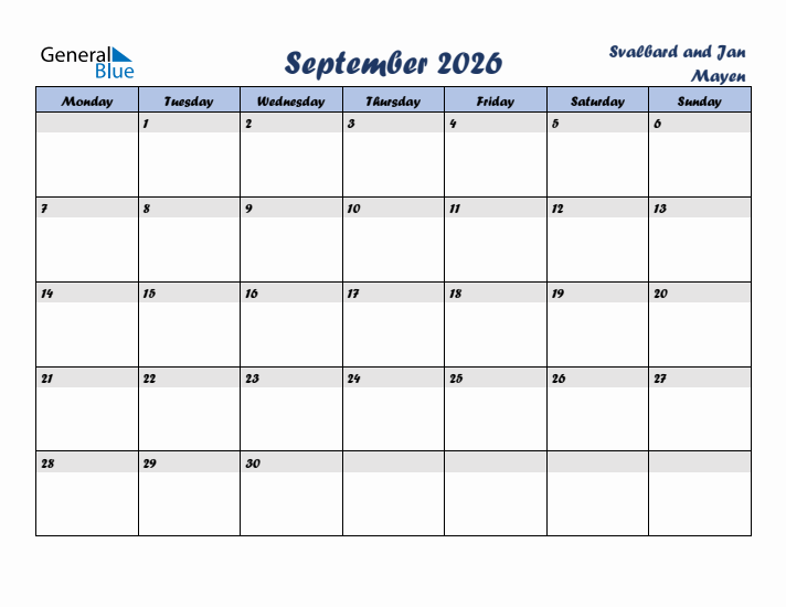 September 2026 Calendar with Holidays in Svalbard and Jan Mayen