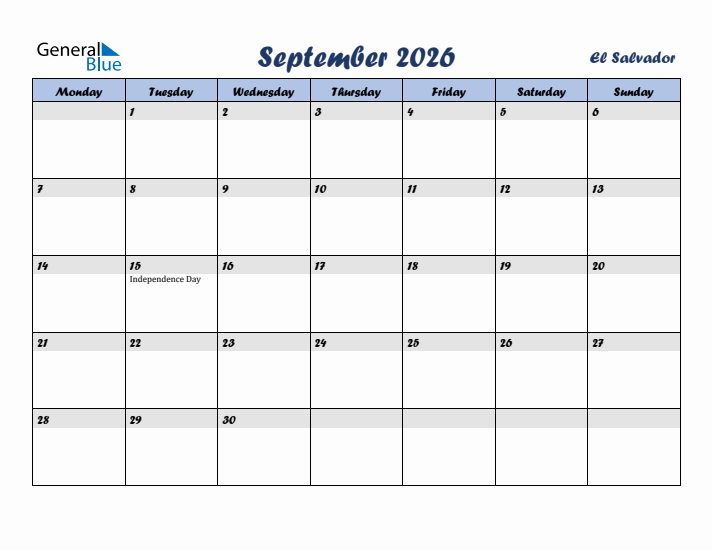 September 2026 Calendar with Holidays in El Salvador