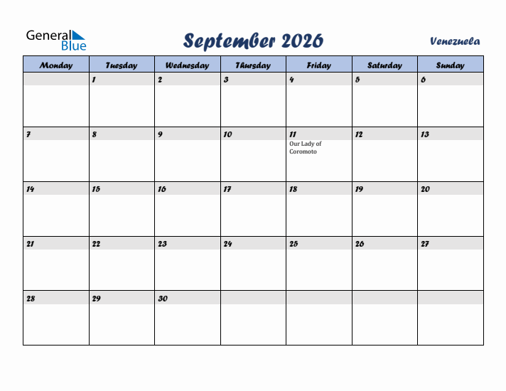 September 2026 Calendar with Holidays in Venezuela