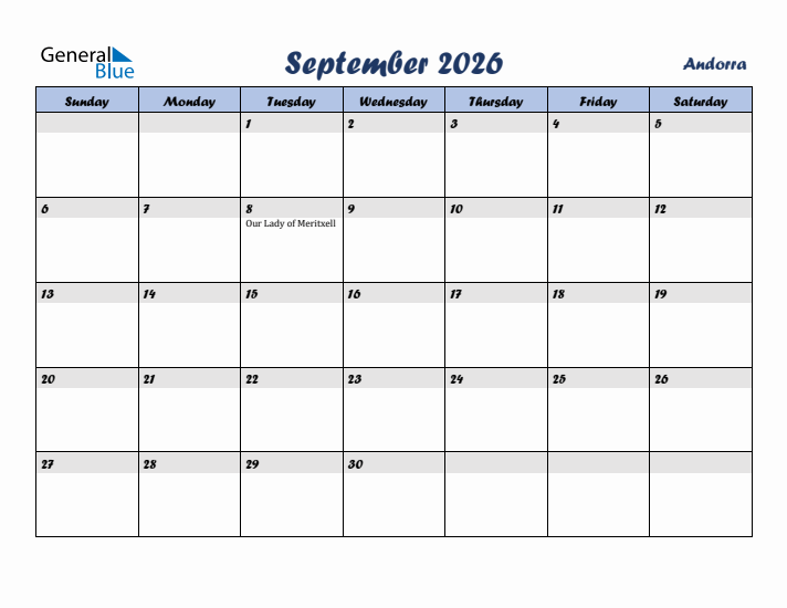 September 2026 Calendar with Holidays in Andorra