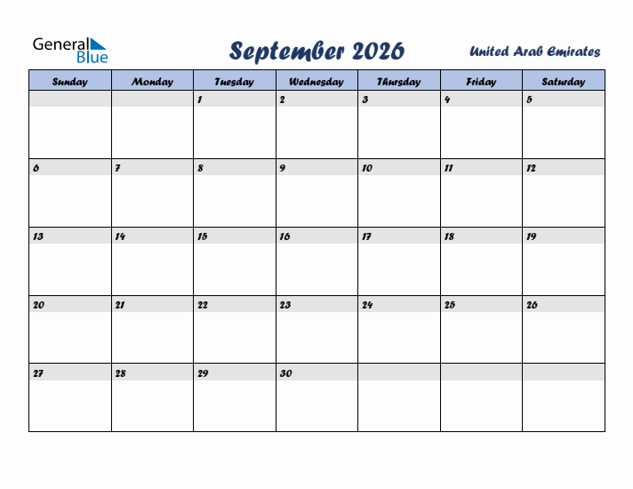 September 2026 Calendar with Holidays in United Arab Emirates