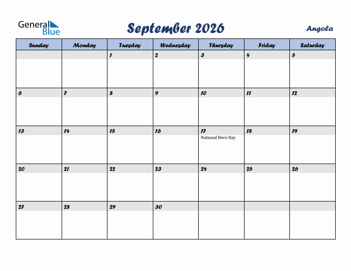 September 2026 Calendar with Holidays in Angola