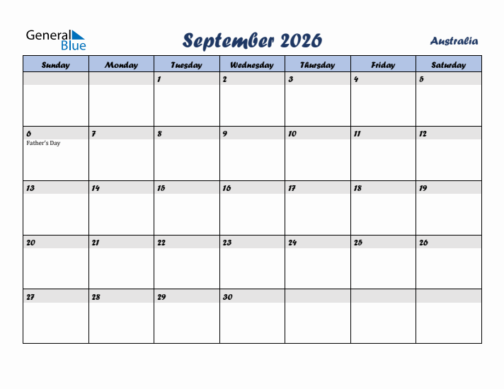 September 2026 Calendar with Holidays in Australia