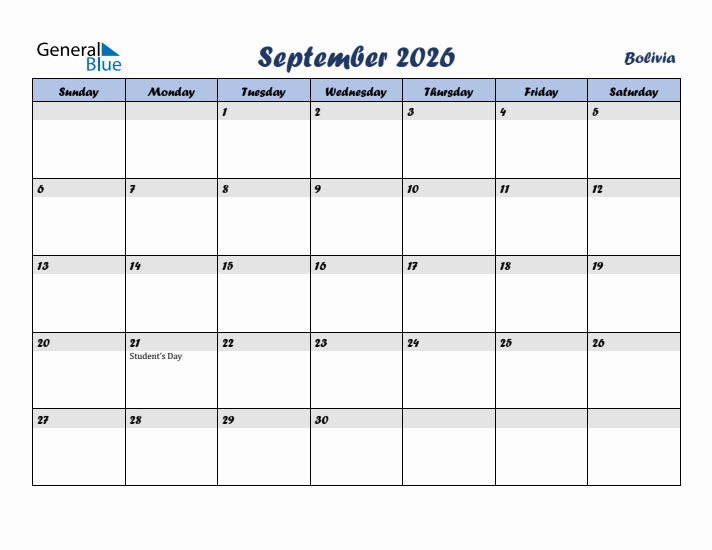 September 2026 Calendar with Holidays in Bolivia