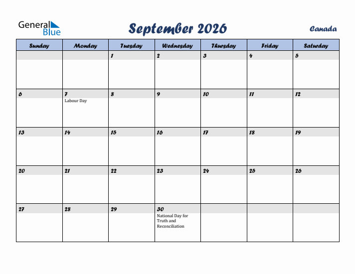 September 2026 Calendar with Holidays in Canada