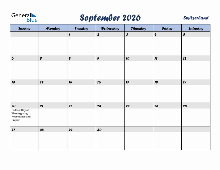September 2026 Calendar with Holidays in Switzerland