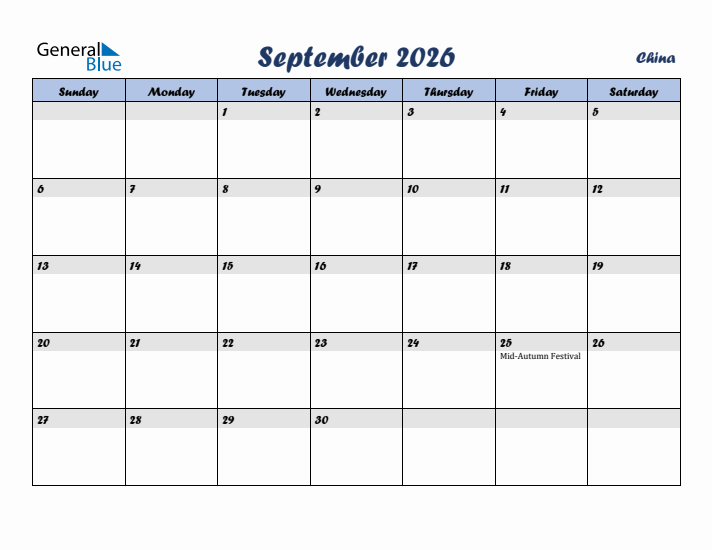 September 2026 Calendar with Holidays in China