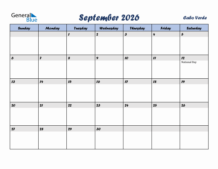 September 2026 Calendar with Holidays in Cabo Verde