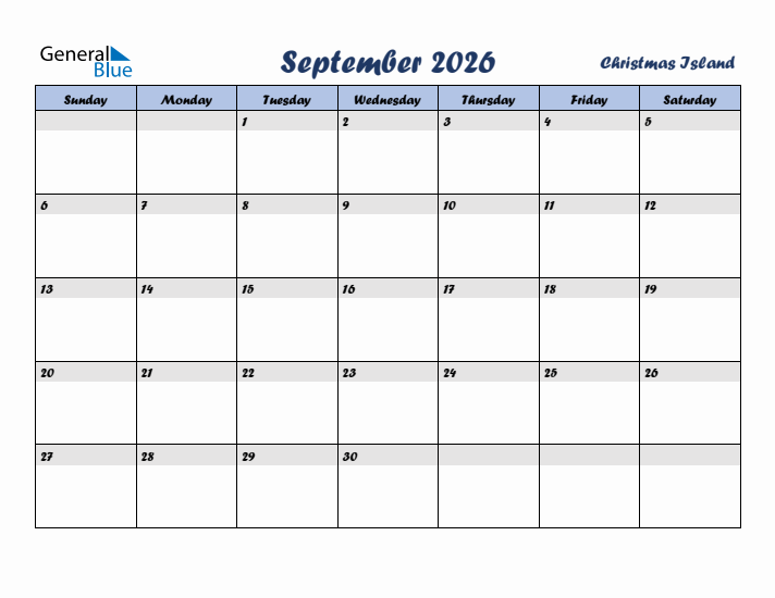 September 2026 Calendar with Holidays in Christmas Island